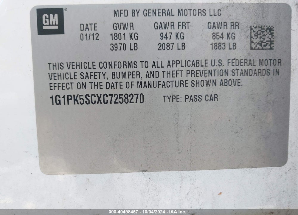 2012 CHEVROLET CRUZE ECO VIN: 1G1PK5SCXC7258270