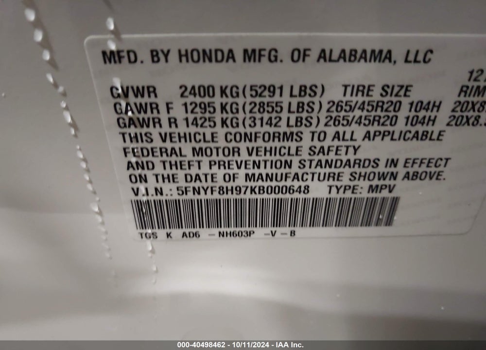 2019 HONDA PASSPORT TOURING VIN: 5FNYF8H97KB000648