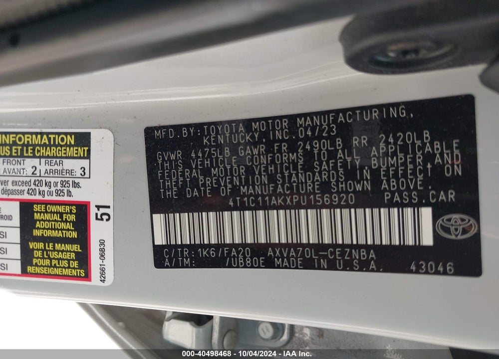 2023 TOYOTA CAMRY LE VIN: 4T1C11AKXPU156920