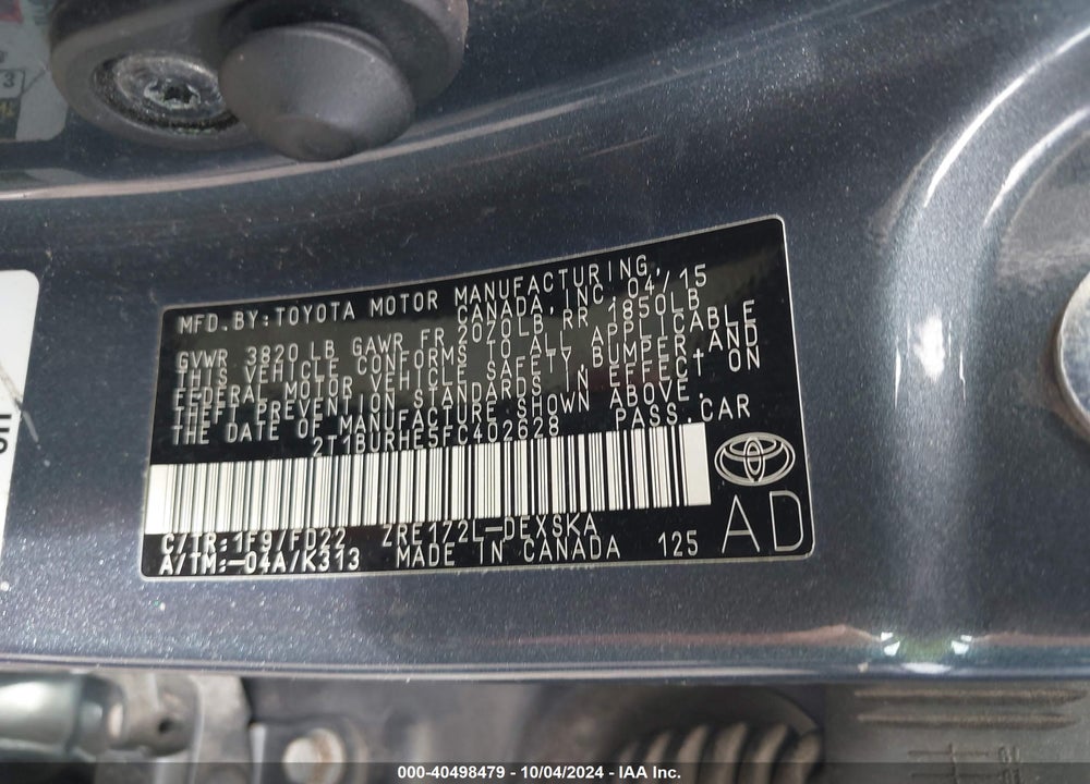 2015 TOYOTA COROLLA S PLUS VIN: 2T1BURHE5FC402628