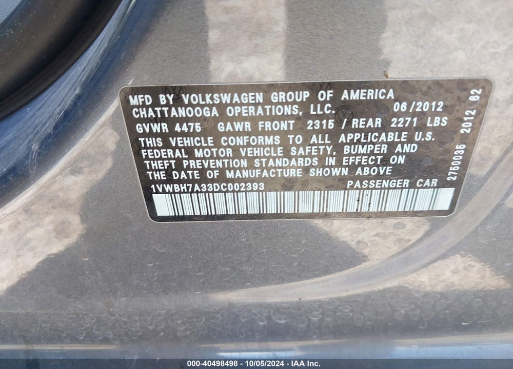 2013 VOLKSWAGEN PASSAT 2.5L SE VIN: 1VWBH7A33DC002393