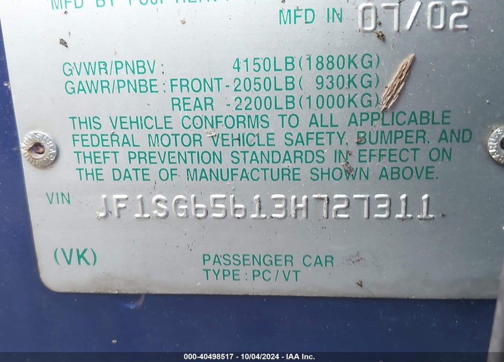 2003 SUBARU FORESTER XS VIN: JF1SG65613H727311