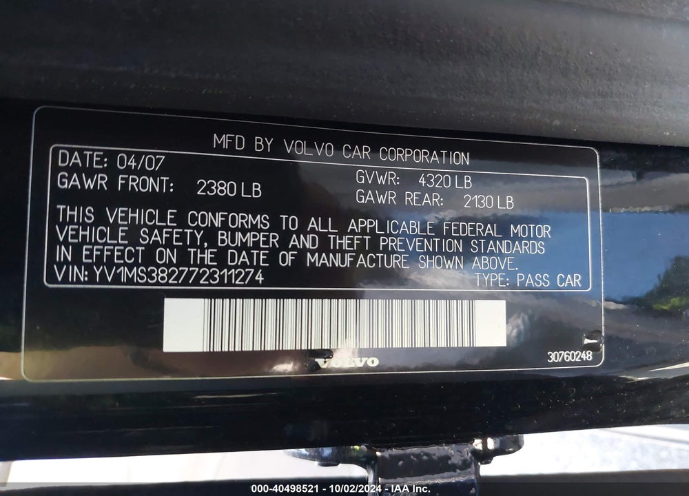 2007 VOLVO S40 2.4I VIN: YV1MS382772311274