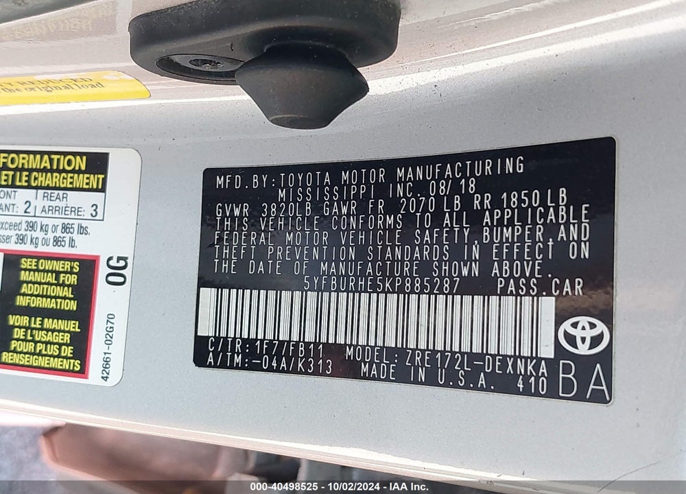 2019 TOYOTA COROLLA LE VIN: 5YFBURHE5KP885287
