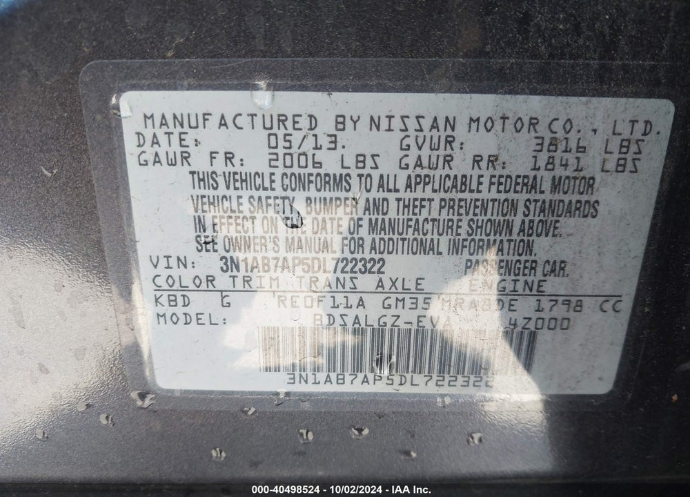 2013 NISSAN SENTRA SL VIN: 3N1AB7AP5DL722322