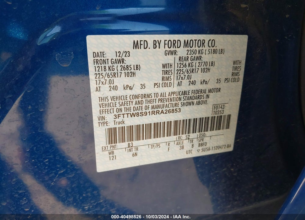 2024 FORD MAVERICK LARIAT VIN: 3FTTW8S91RRA26853