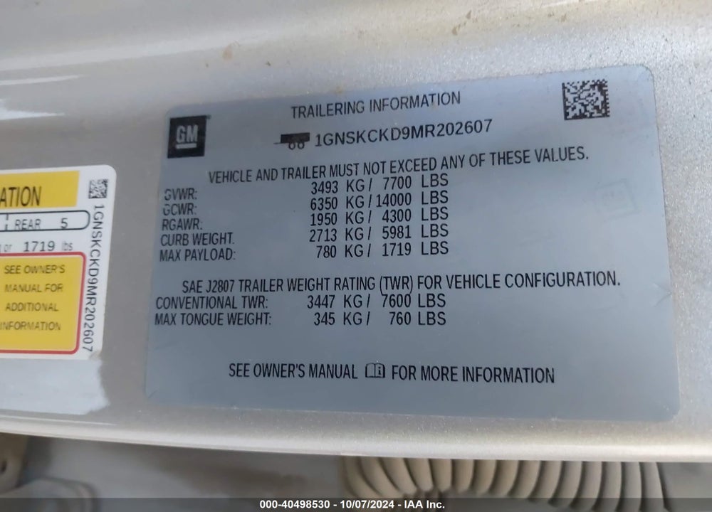 2021 CHEVROLET SUBURBAN 4WD LT VIN: 1GNSKCKD9MR202607
