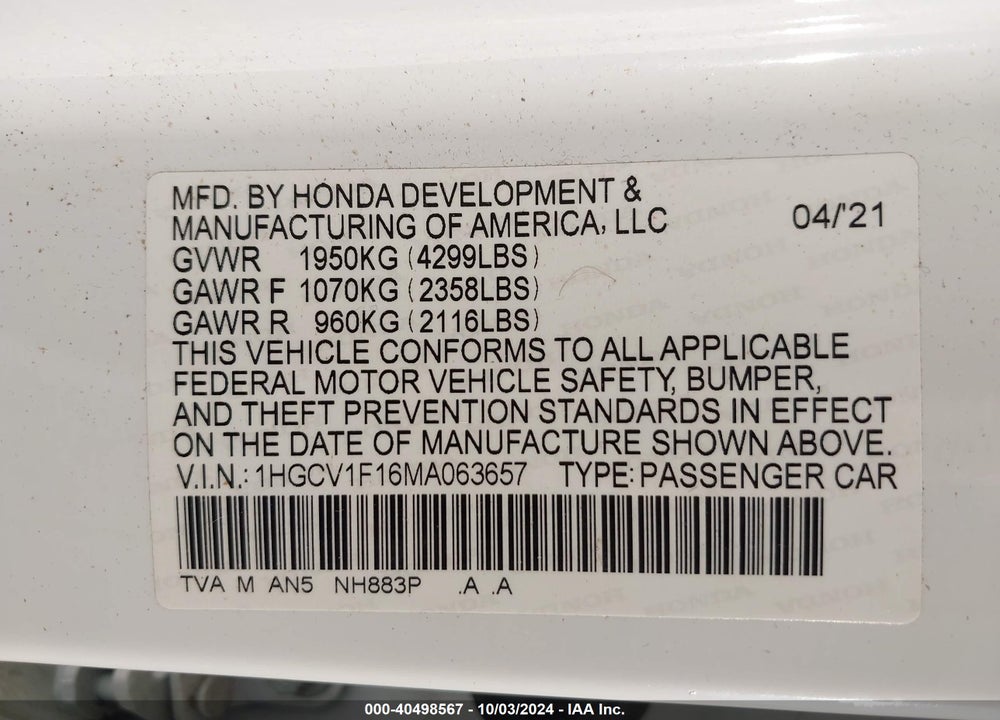 2021 HONDA ACCORD LX VIN: 1HGCV1F16MA063657