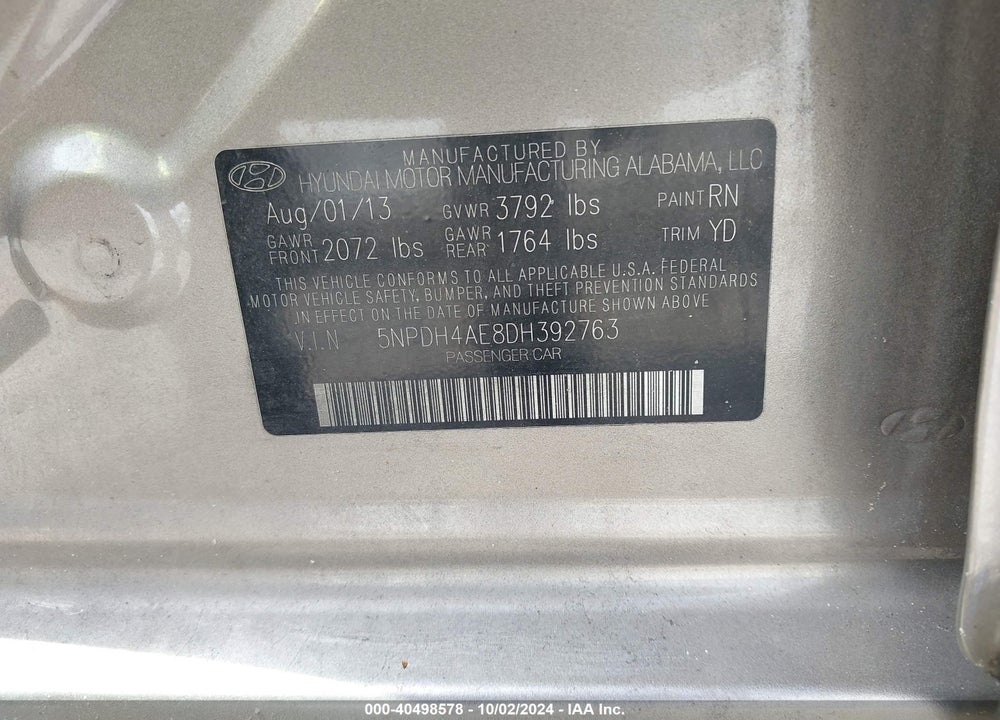 2013 HYUNDAI ELANTRA GLS VIN: 5NPDH4AE8DH392763