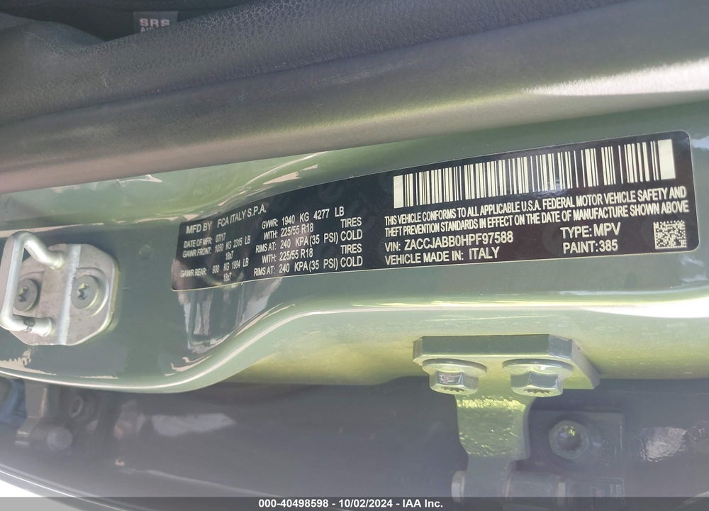 2017 JEEP RENEGADE LATITUDE FWD VIN: ZACCJABB0HPF97588