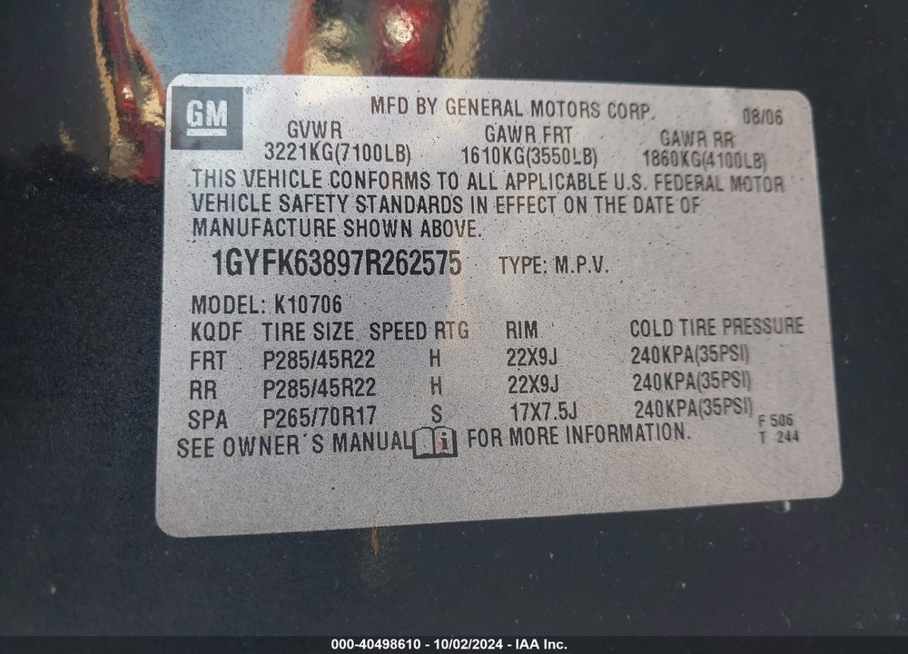 2007 CADILLAC ESCALADE STANDARD VIN: 1GYFK63897R262575
