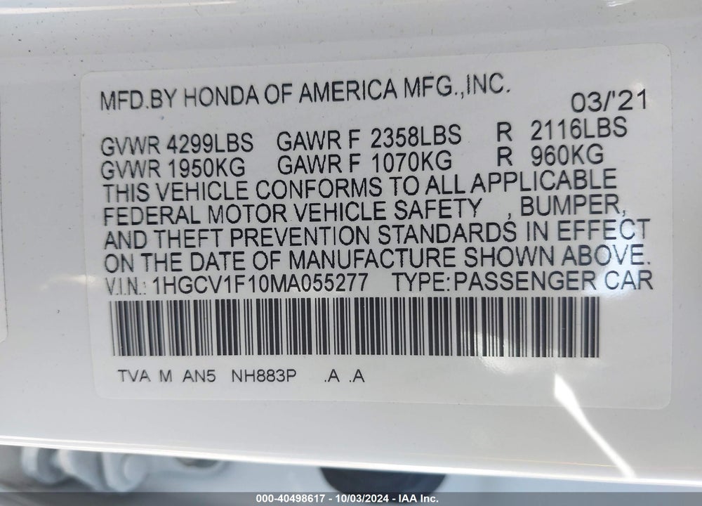 2021 HONDA ACCORD LX VIN: 1HGCV1F10MA055277