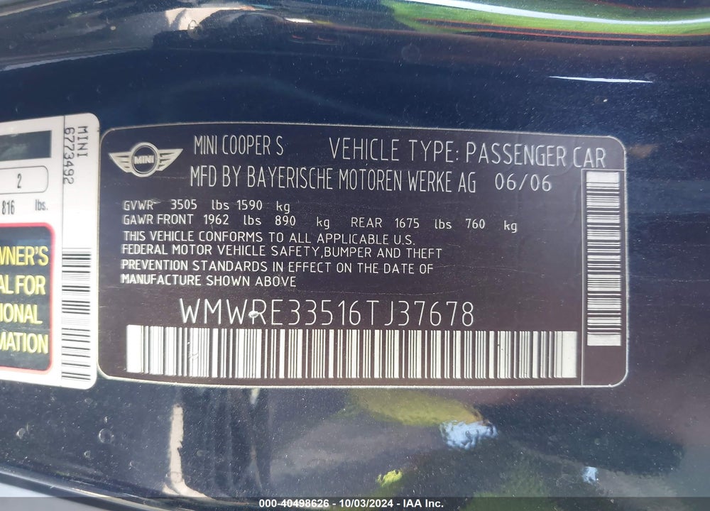 2006 MINI COOPER S VIN: WMWRE33516TJ37678