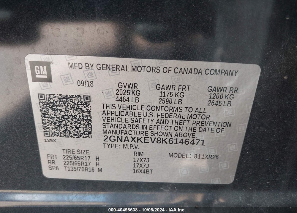 2019 CHEVROLET EQUINOX LT VIN: 2GNAXKEV8K6146471