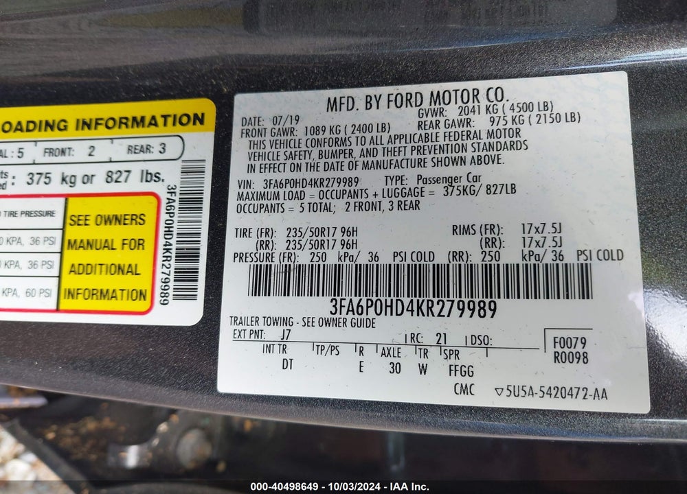2019 FORD FUSION SE VIN: 3FA6P0HD4KR279989