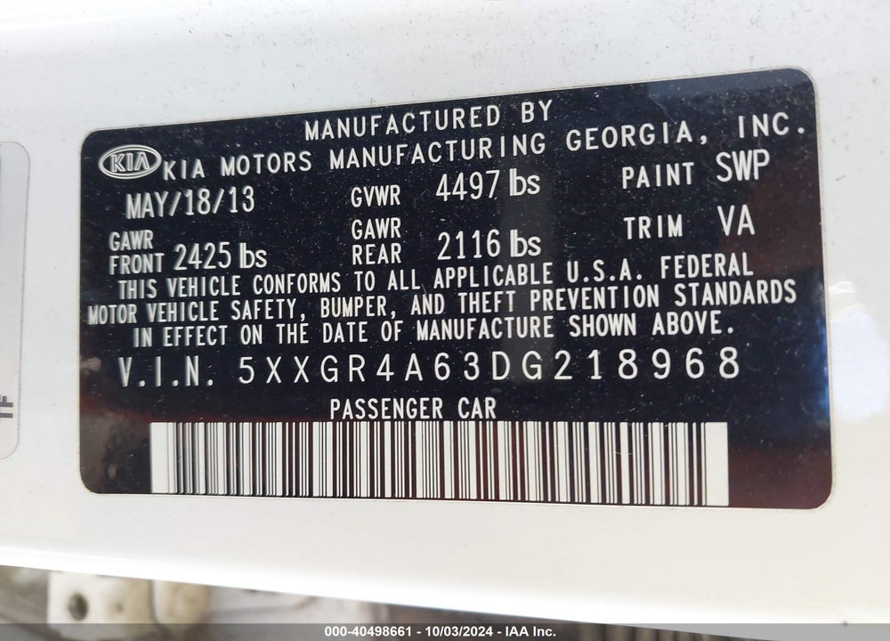 2013 KIA OPTIMA SX VIN: 5XXGR4A63DG218968