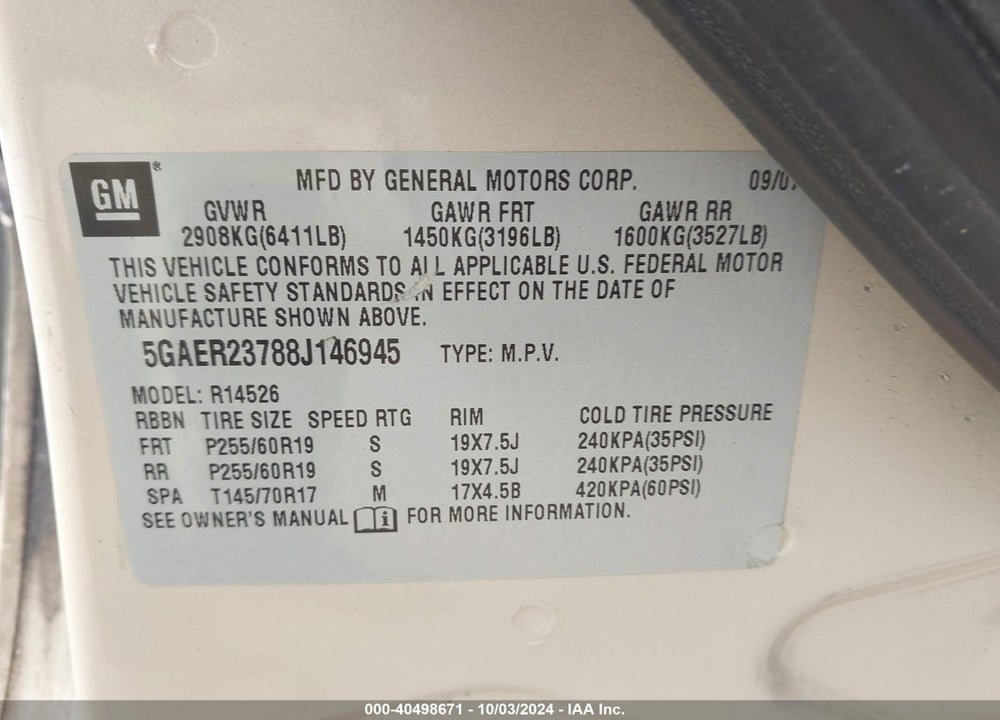2008 BUICK ENCLAVE CXL VIN: 5GAER23788J146945