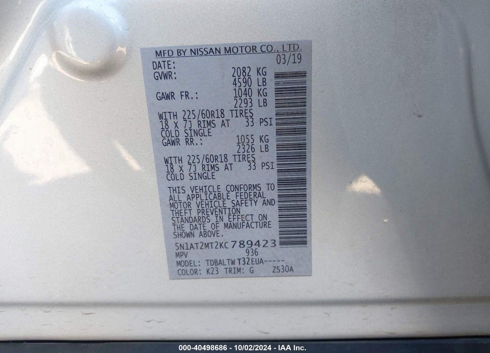 2019 NISSAN ROGUE SV VIN: 5N1AT2MT2KC789423