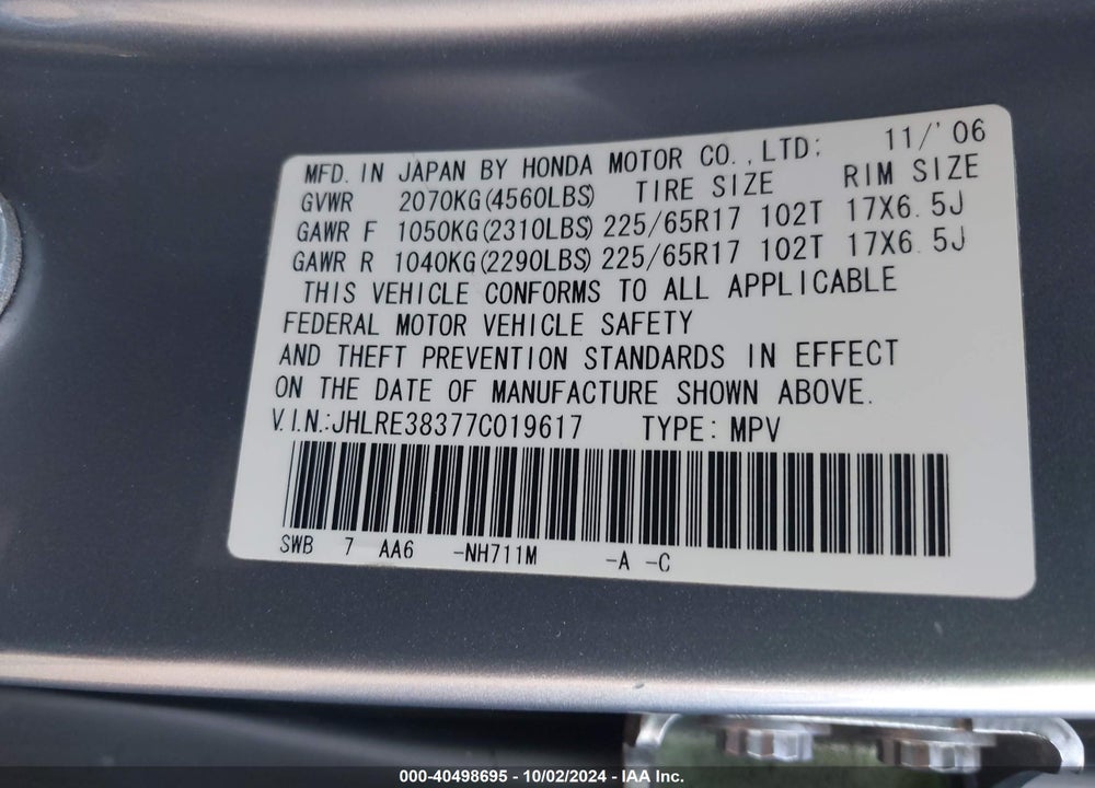 2007 HONDA CR-V LX VIN: JHLRE38377C019617