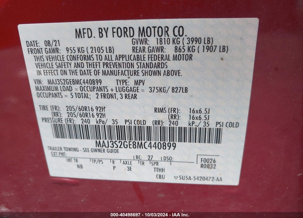 2021 FORD ECOSPORT SE VIN: MAJ3S2GE8MC440899