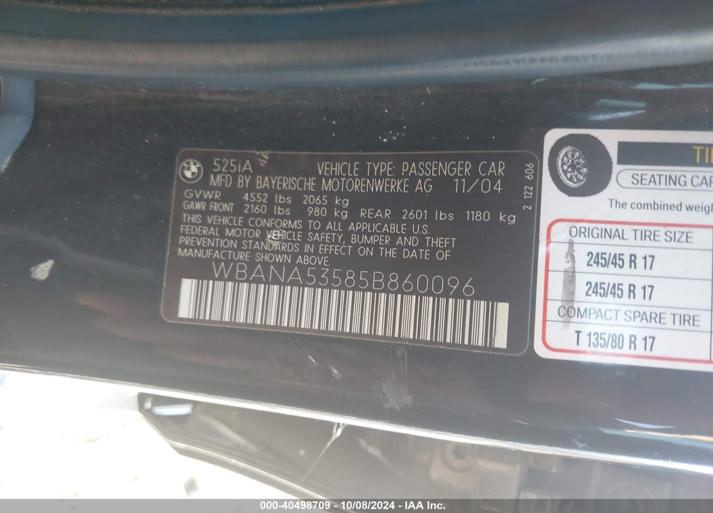 2005 BMW 525I VIN: WBANA53585B860096
