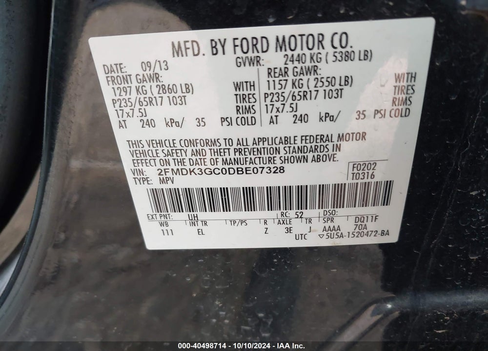 2013 FORD EDGE SE VIN: 2FMDK3GC0DBE07328