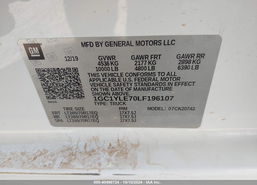 2020 CHEVROLET SILVERADO 2500HD 4WD STANDARD BED WT VIN: 1GC1YLE70LF196107