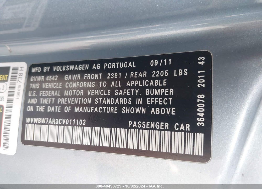 2012 VOLKSWAGEN EOS KOMFORT VIN: WVWBW7AH3CV011103