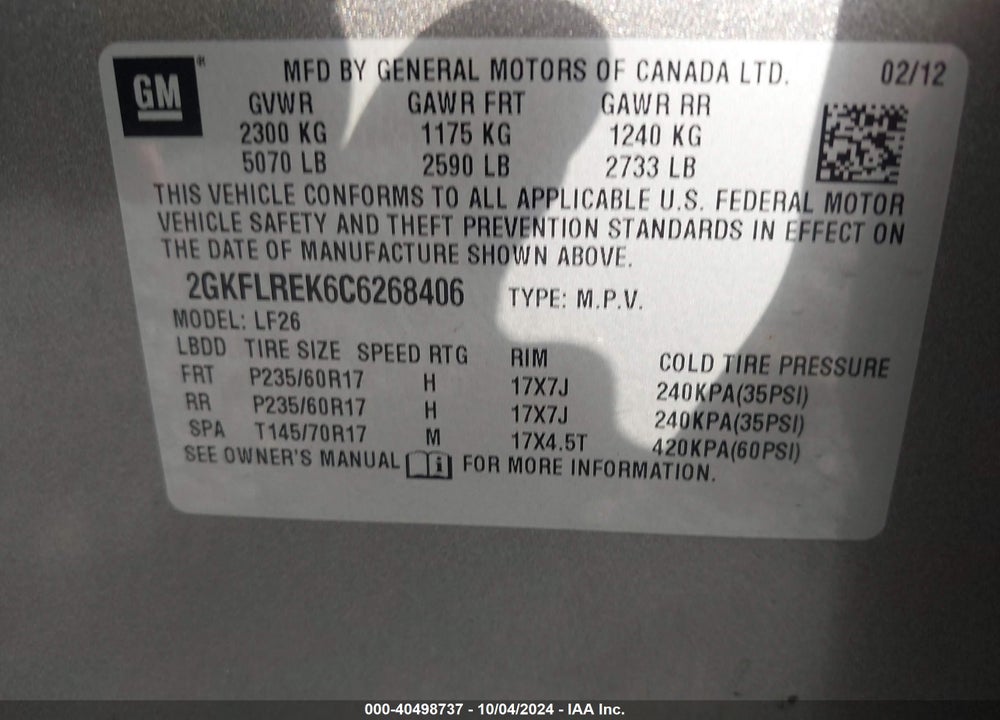 2012 GMC TERRAIN SLE-1 VIN: 2GKFLREK6C6268406