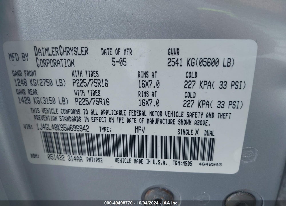 2005 JEEP LIBERTY SPORT VIN: 1J4GL48K95W696942