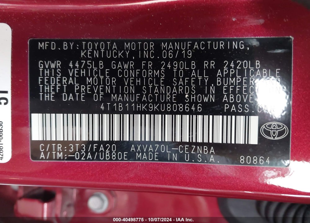 2019 TOYOTA CAMRY LE VIN: 4T1B11HK9KU808646