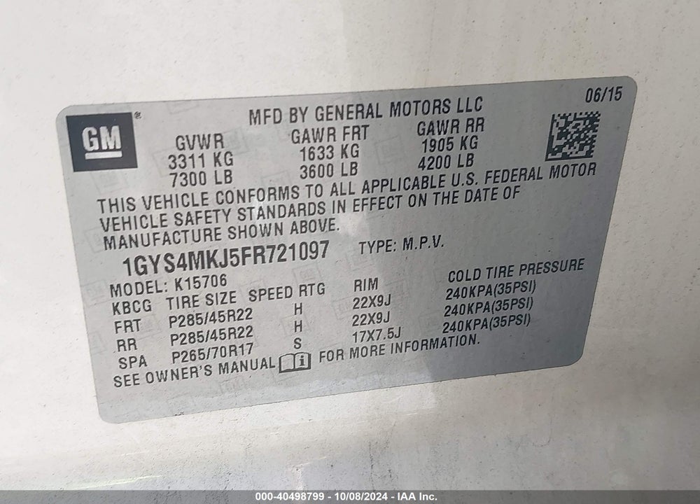 2015 CADILLAC ESCALADE LUXURY VIN: 1GYS4MKJ5FR721097