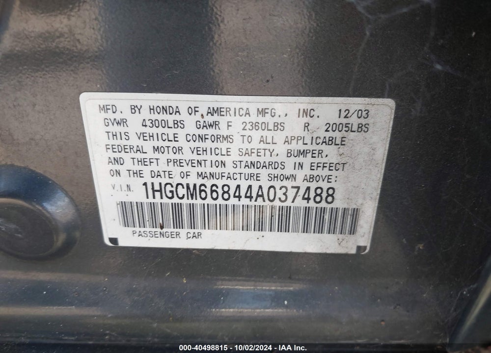 2004 HONDA ACCORD 3.0 EX VIN: 1HGCM66844A037488