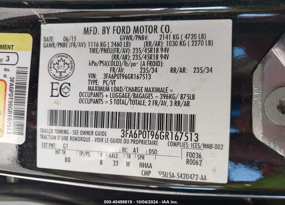 2016 FORD FUSION SE VIN: 3FA6P0T96GR167513
