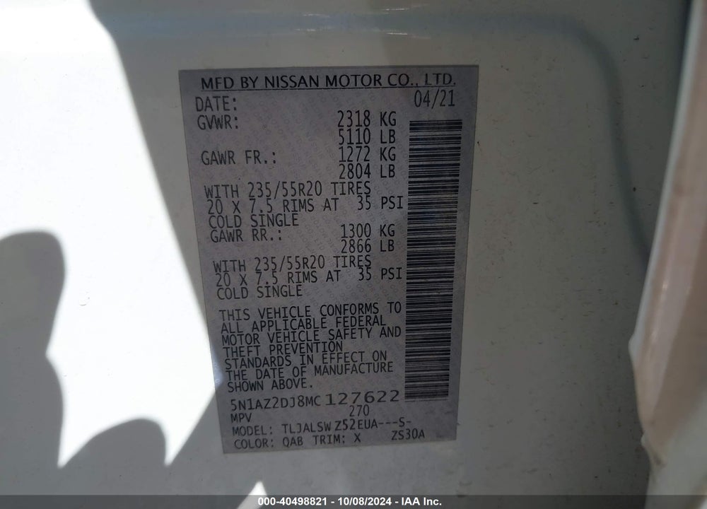 2021 NISSAN MURANO PLATINUM FWD VIN: 5N1AZ2DJ8MC127622