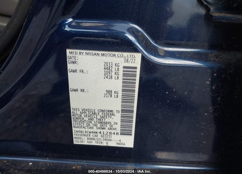 2022 NISSAN ALTIMA SR INTELLIGENT AWD VIN: 1N4BL4CW4NN412848