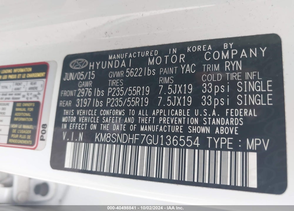 2016 HYUNDAI SANTA FE SE VIN: KM8SNDHF7GU136554