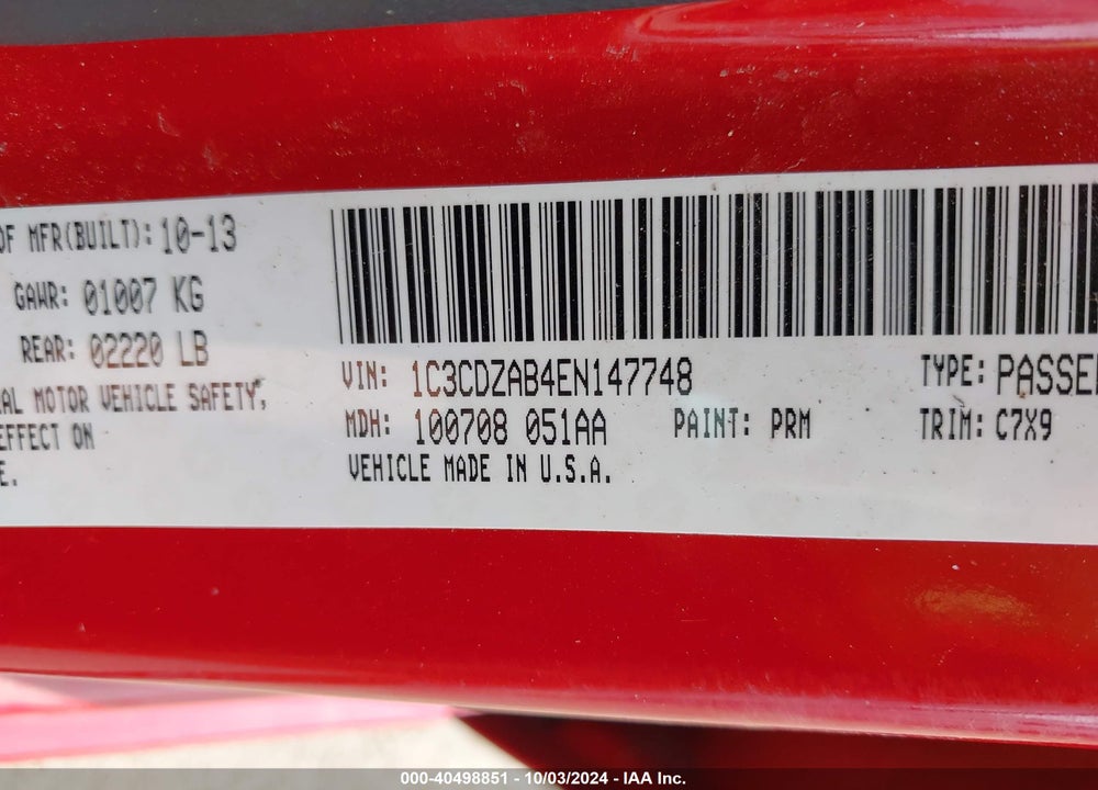 2014 DODGE AVENGER SE VIN: 1C3CDZAB4EN147748