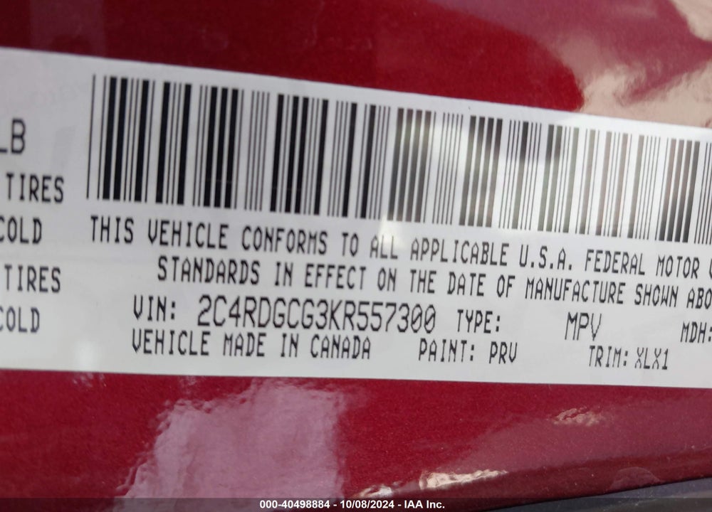 2019 DODGE GRAND CARAVAN SXT VIN: 2C4RDGCG3KR557300