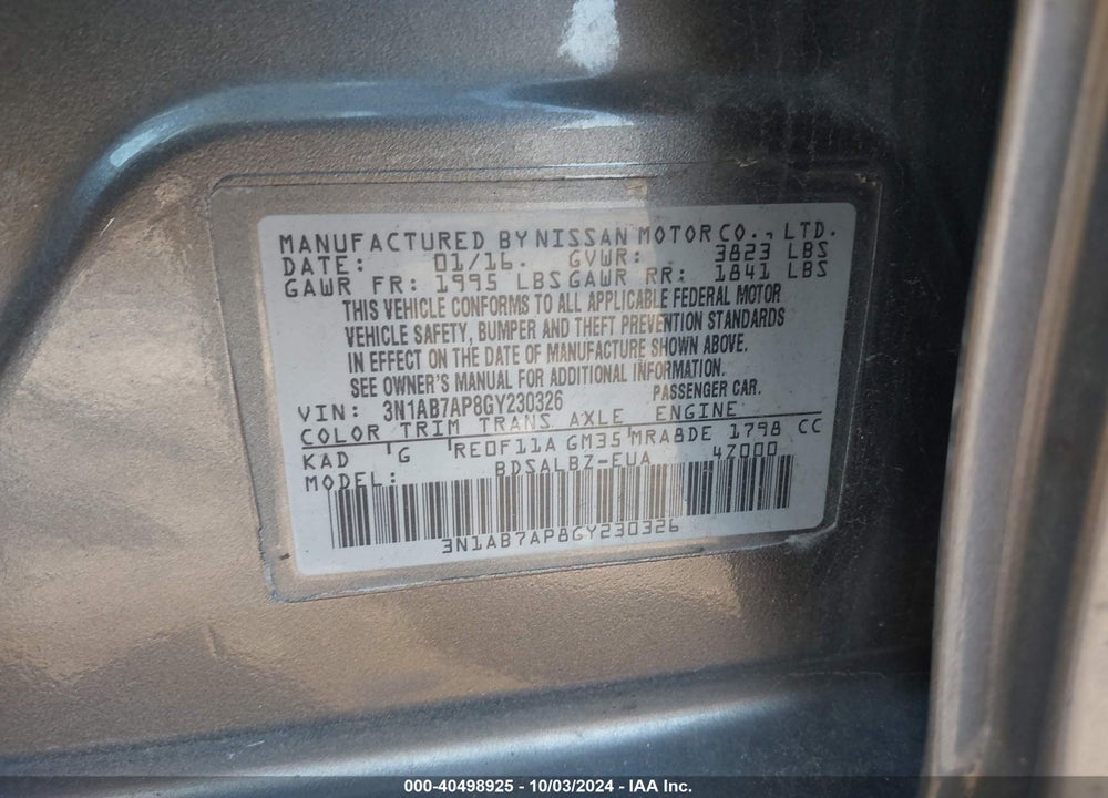 2016 NISSAN SENTRA VIN: 3N1AB7AP8GY230326