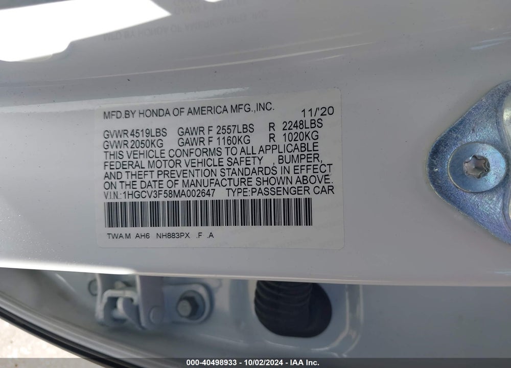 2021 HONDA ACCORD HYBRID EX-L VIN: 1HGCV3F58MA002647