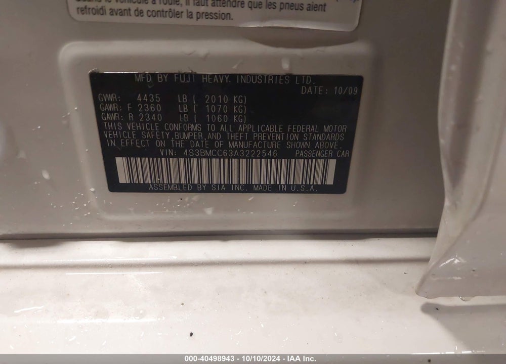 2010 SUBARU LEGACY 2.5I PREMIUM VIN: 4S3BMCC63A3222546