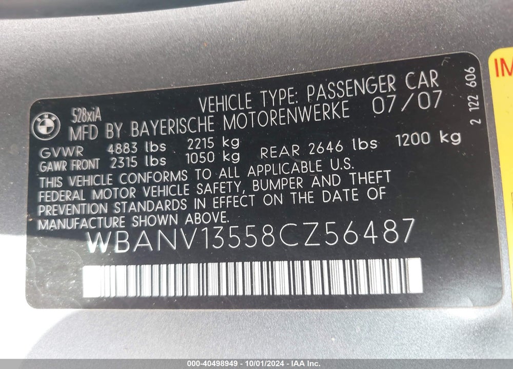 2008 BMW 528XI VIN: WBANV13558CZ56487
