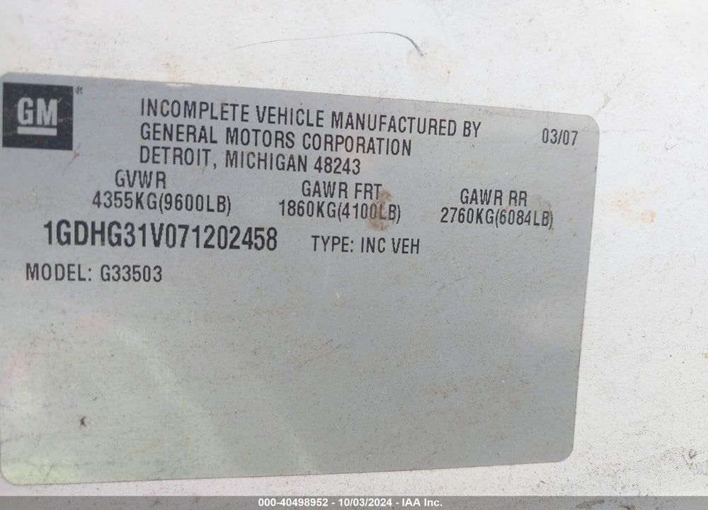 2007 GMC SAVANA CUTAWAY WORK VAN VIN: 1GDHG31V071202458