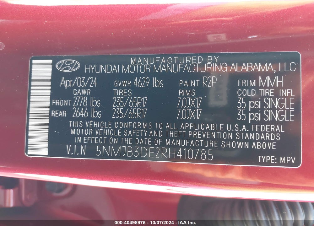 2024 HYUNDAI TUCSON VIN: 5NMJB3DE2RH410785
