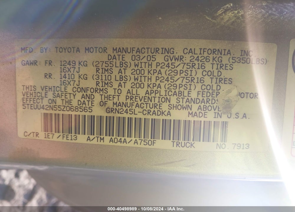 2005 TOYOTA TACOMA BASE V6 VIN: 5TEUU42N55Z068565