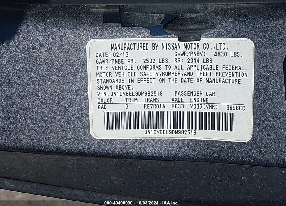 2013 INFINITI G37X VIN: JN1CV6EL9DM982519