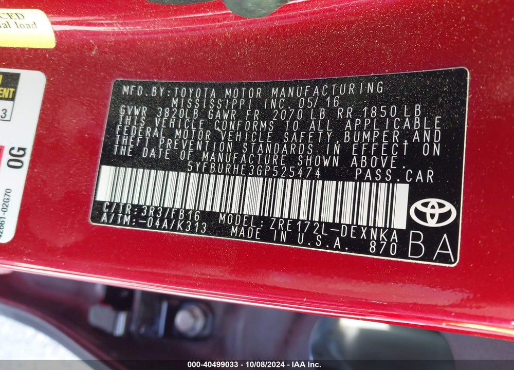 2016 TOYOTA COROLLA LE VIN: 5YFBURHE3GP525474