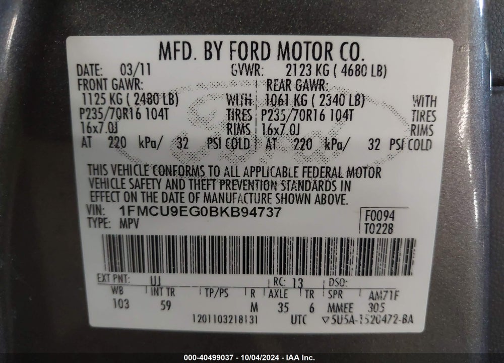 2011 FORD ESCAPE LIMITED VIN: 1FMCU9EG0BKB94737