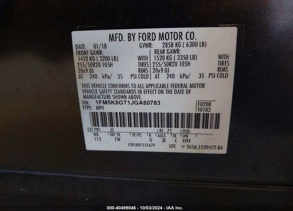 2018 FORD EXPLORER SPORT VIN: 1FM5K8GT1JGA80783